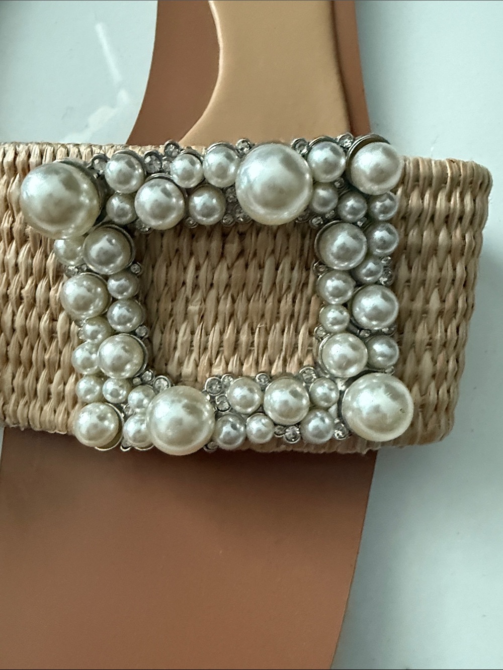 Zara Tan Raffia Slide Sandals with Pearl-Embellished Buckle - Picture 3 of 8